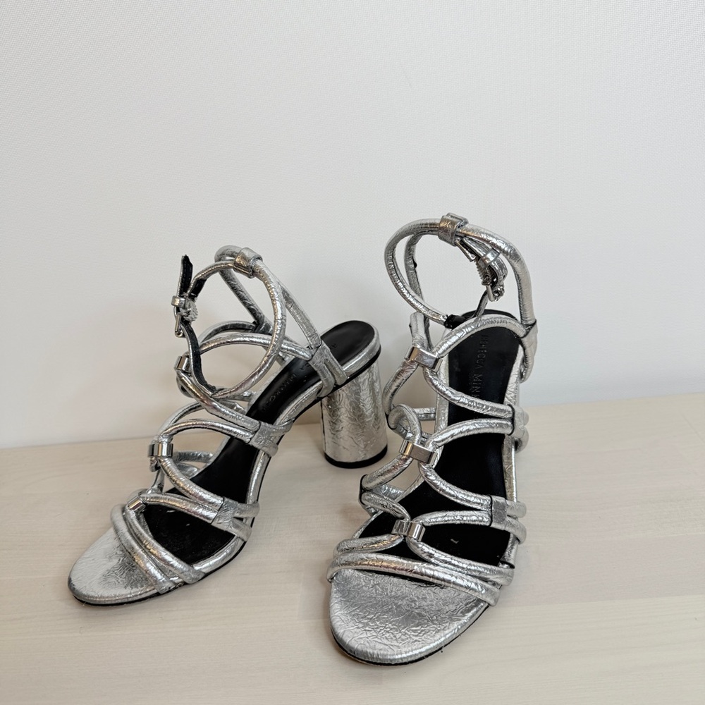 Rebecca Mincoff silver leather heel sandals size 6